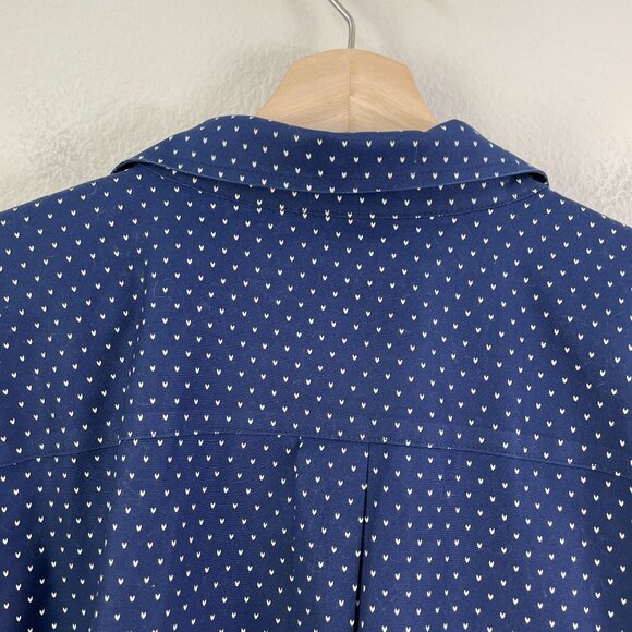 LL Bean Womens Large Wrinkle Free Navy Button Up Shirt White Heart Print Blouse - Picture 10 of 10